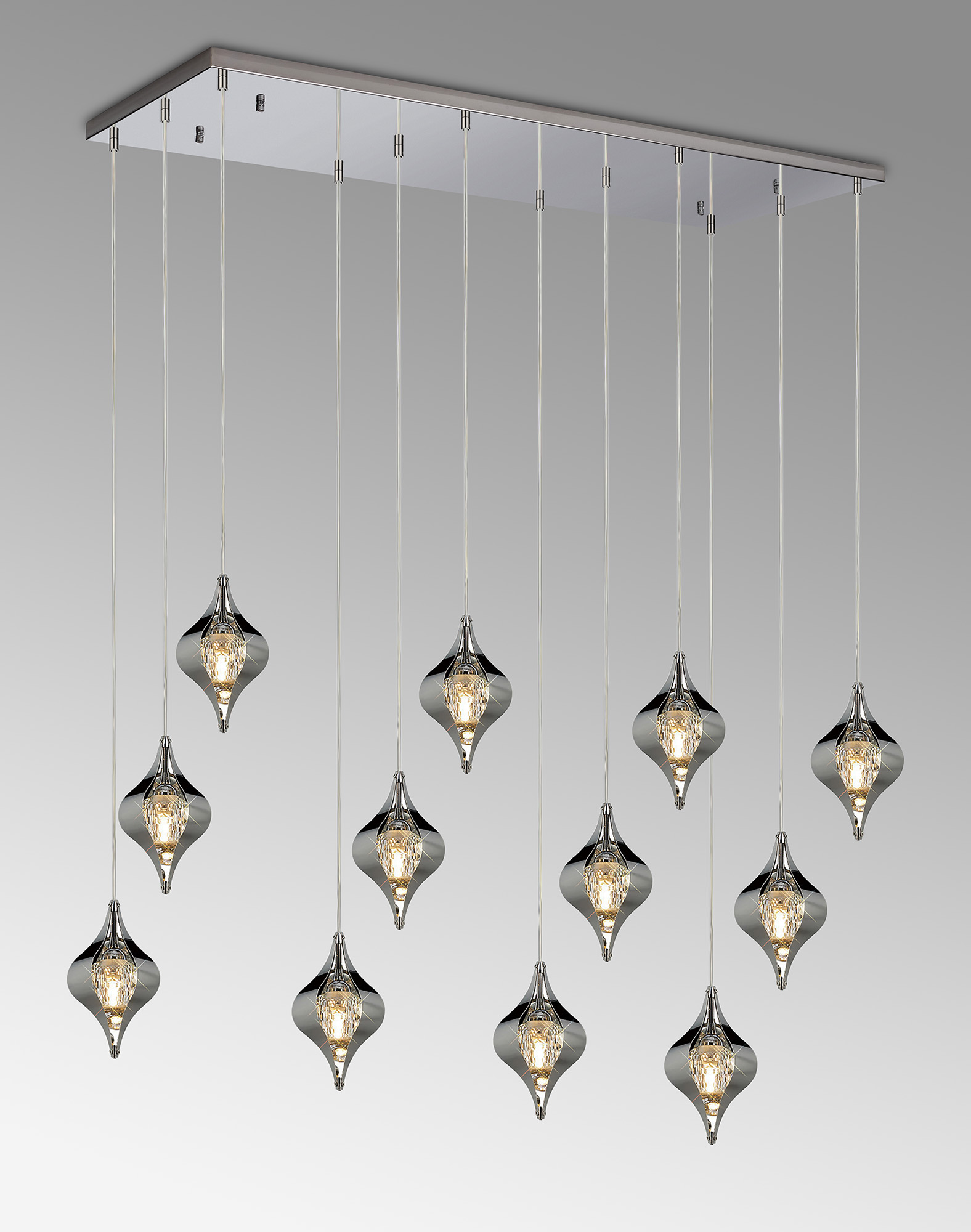 IL31861CH  Amano Linear Rectangle Pendant, 12 Light Adjustable G9, Polished Chrome/Crystal
